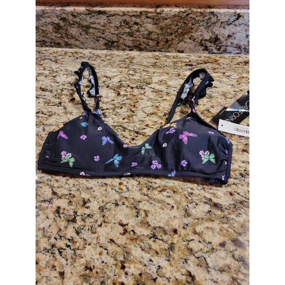 NWT California Waves Ruffle Bralette Bikini Top Juniors' M Black Print Back Hook - Picture 5 of 7